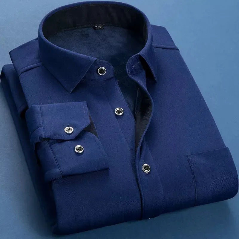 Autumn Winter Men Fleece Warm Shirt Fashion Solid Long Sleeve Business Shirt Plaid Thick Warm Shirts NS5517