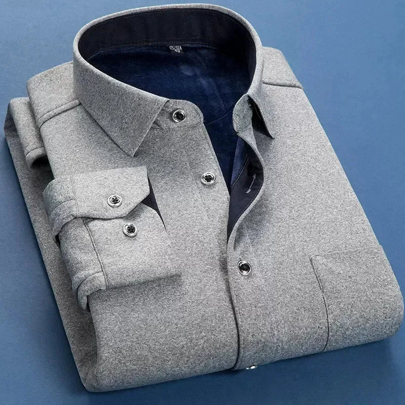 Autumn Winter Men Fleece Warm Shirt Fashion Solid Long Sleeve Business Shirt Plaid Thick Warm Shirts NS5517