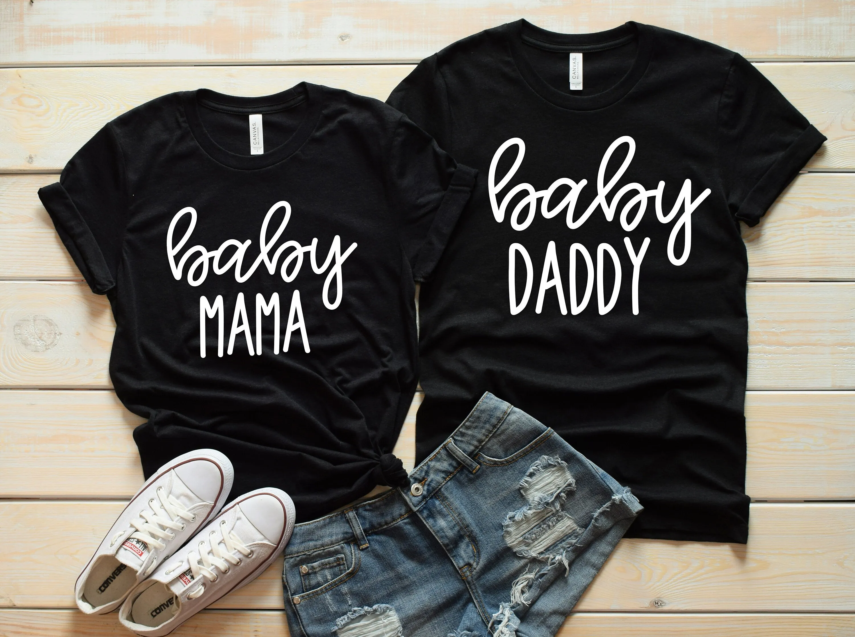 Baby Mama and Baby Daddy Couples Shirts - Matching Parents Shirts - Cute Pregnancy Announcement - Reveal