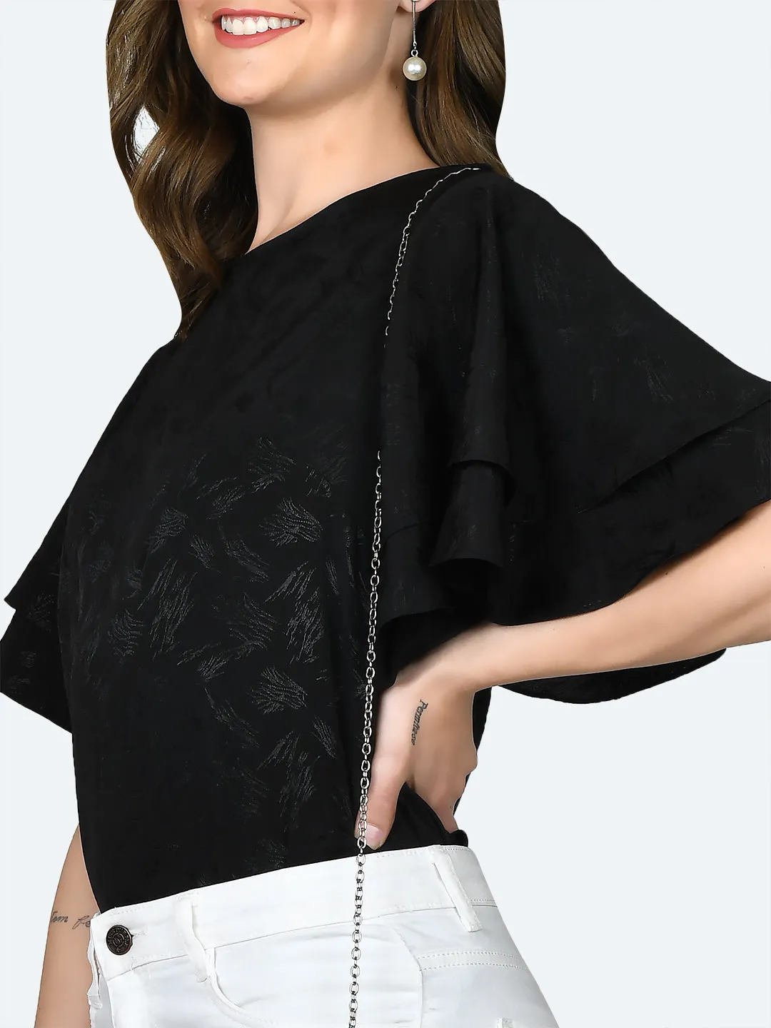 Black Self Design Flared Sleeve Top