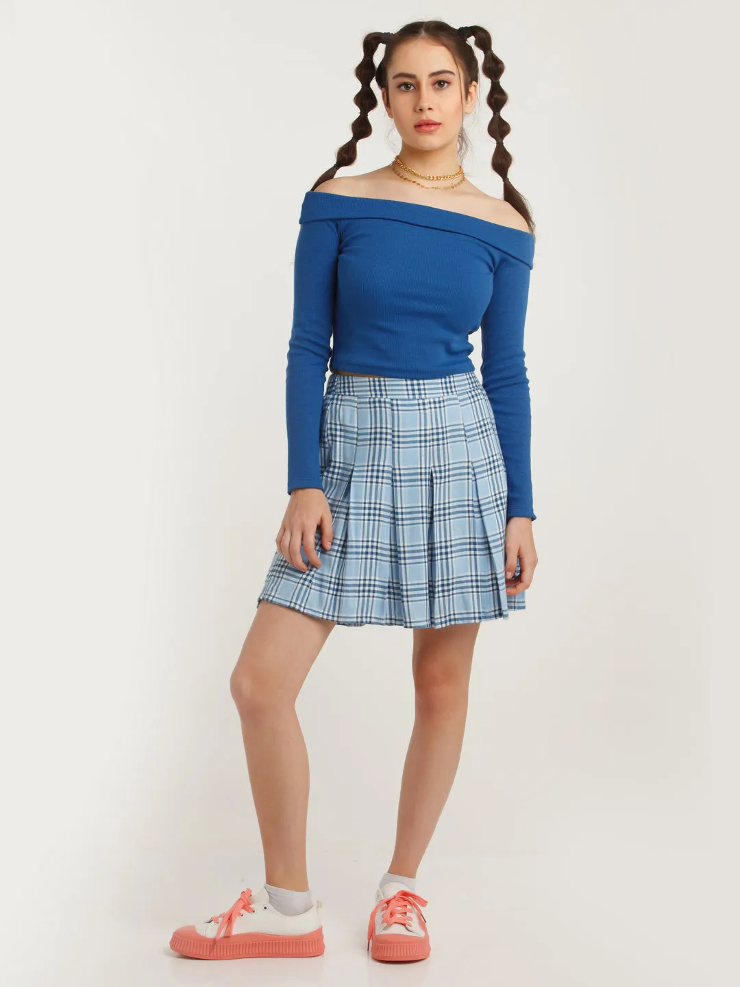 Blue Solid Bardot Top