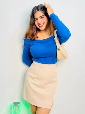 Blue Solid Bardot Top
