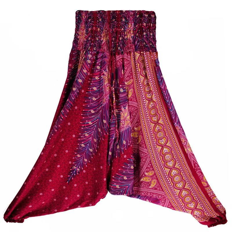 Buddha Stones Two Style Wear Feathers Geometric Pattern Loose Smocked Trousers Jumpsuit Women's Yoga Pants