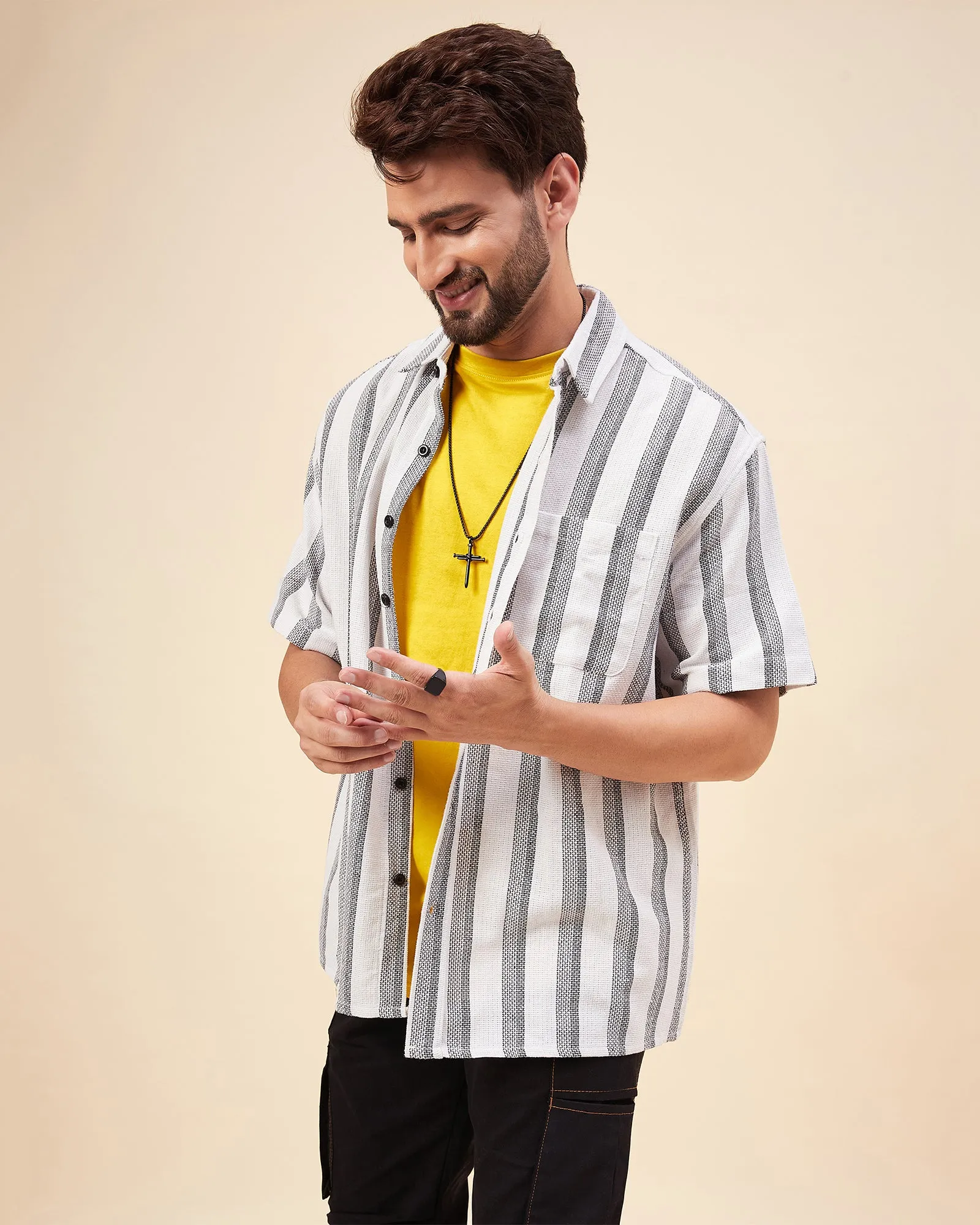 Chimpaaanzee Men White & Black Oversized Fit Shirt