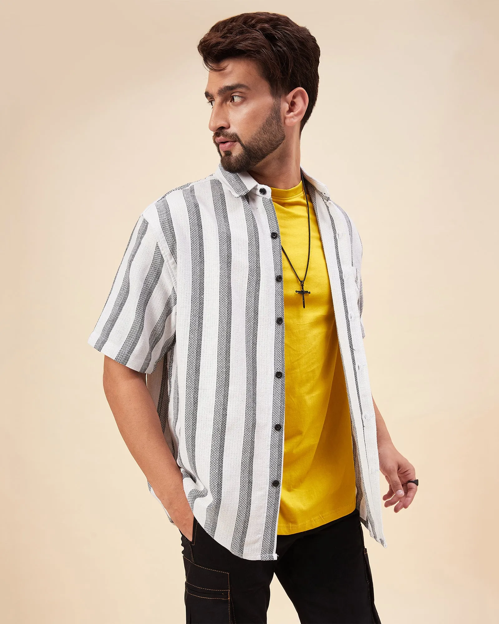 Chimpaaanzee Men White & Black Oversized Fit Shirt