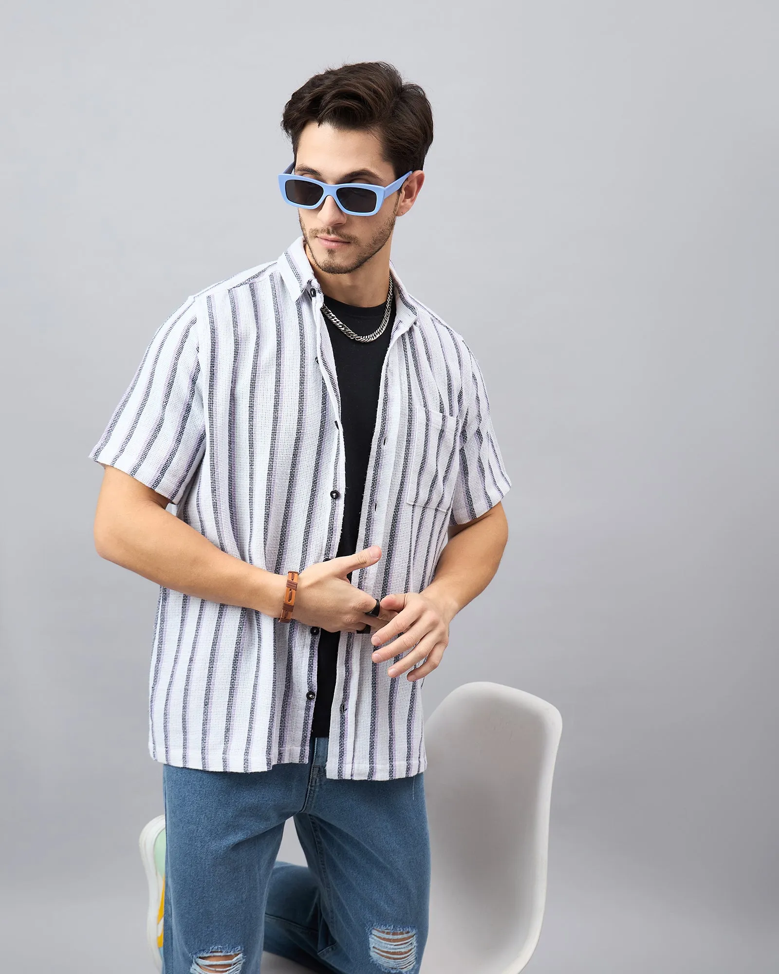 Chimpaaanzee Men White & Purple Regular Fit Shirt