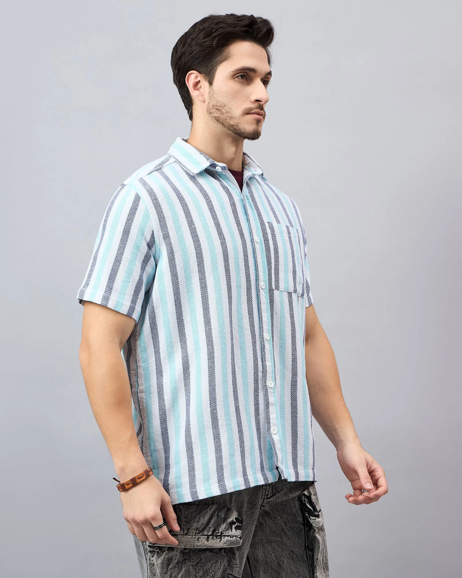 Chimpaaanzee Men White & SkyBlue Regular Fit Shirt