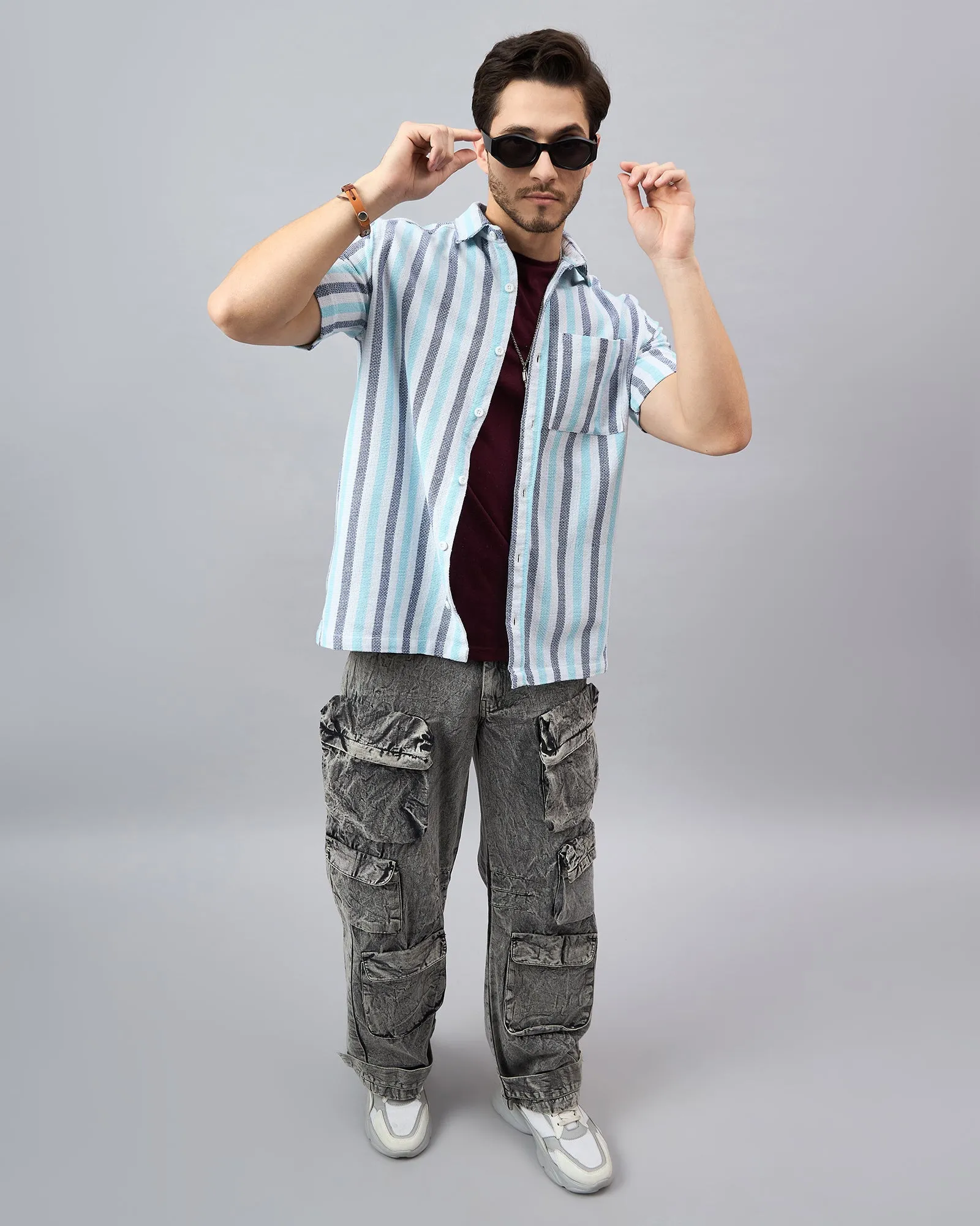 Chimpaaanzee Men White & SkyBlue Regular Fit Shirt
