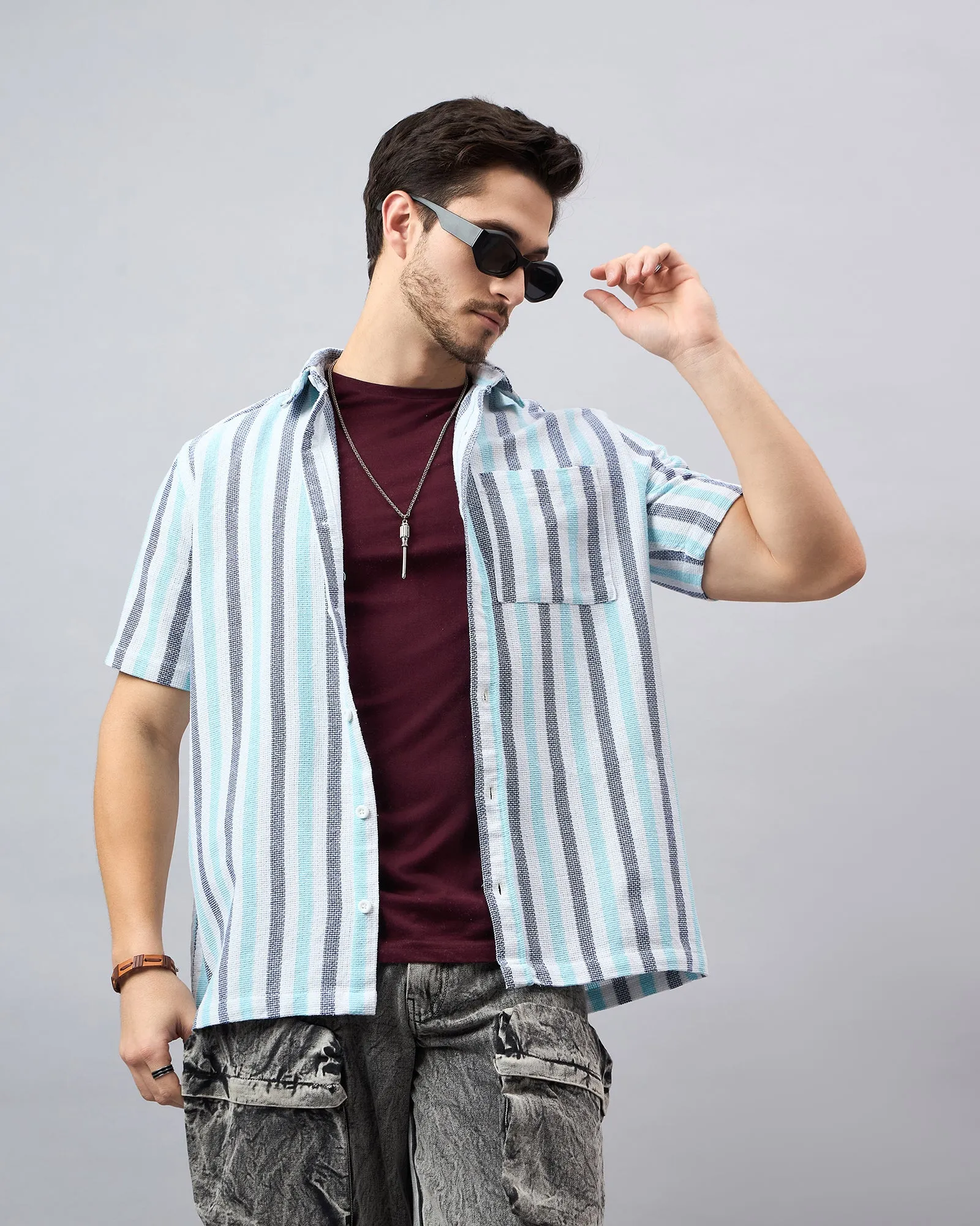Chimpaaanzee Men White & SkyBlue Regular Fit Shirt