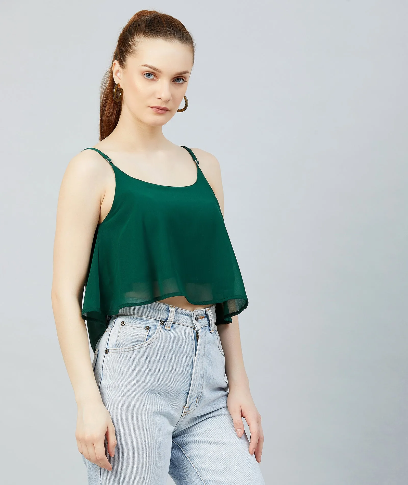 Chimpaaanzee Women Dark Green Georgette Noodle Strap Crop Top