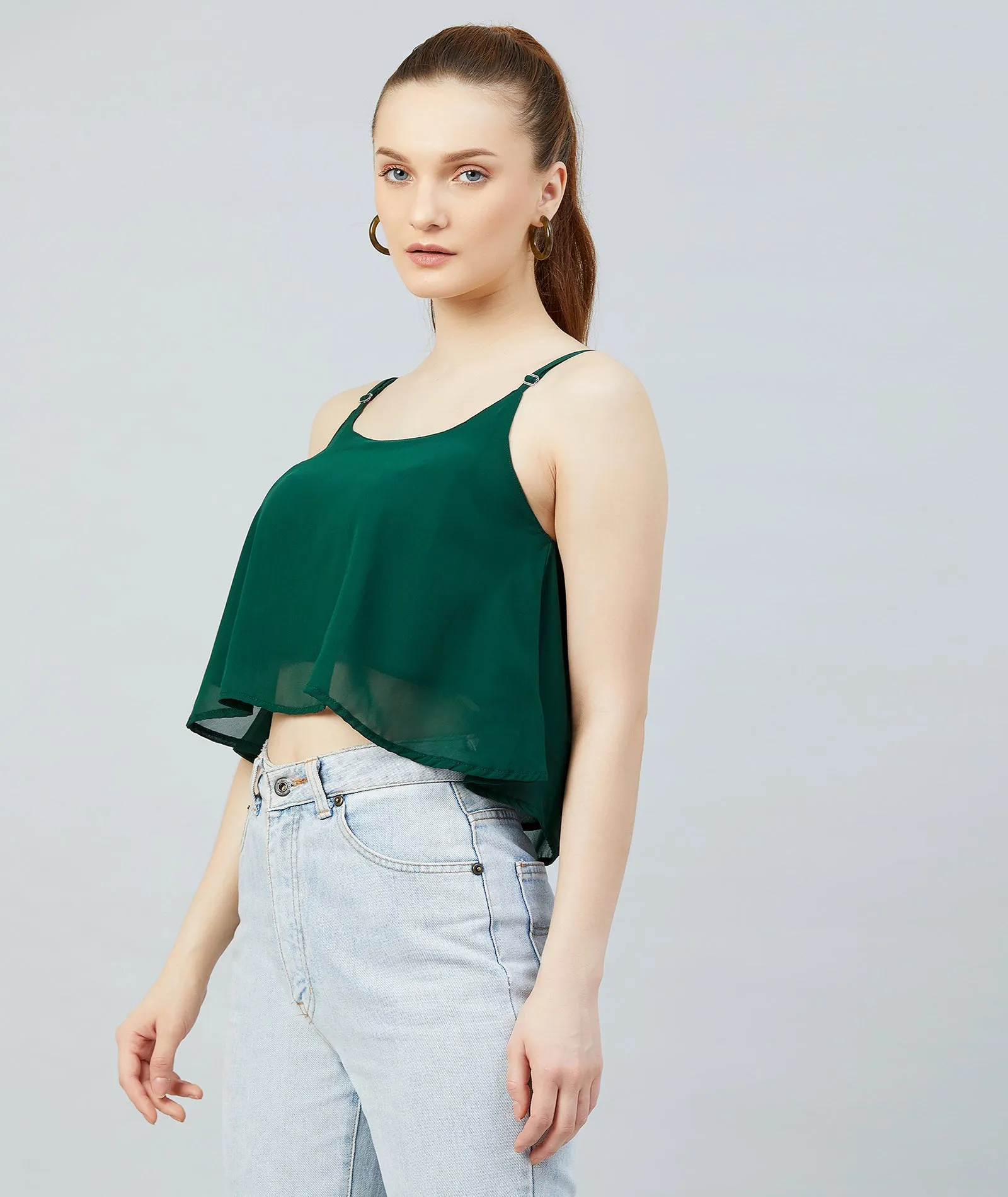 Chimpaaanzee Women Dark Green Georgette Noodle Strap Crop Top