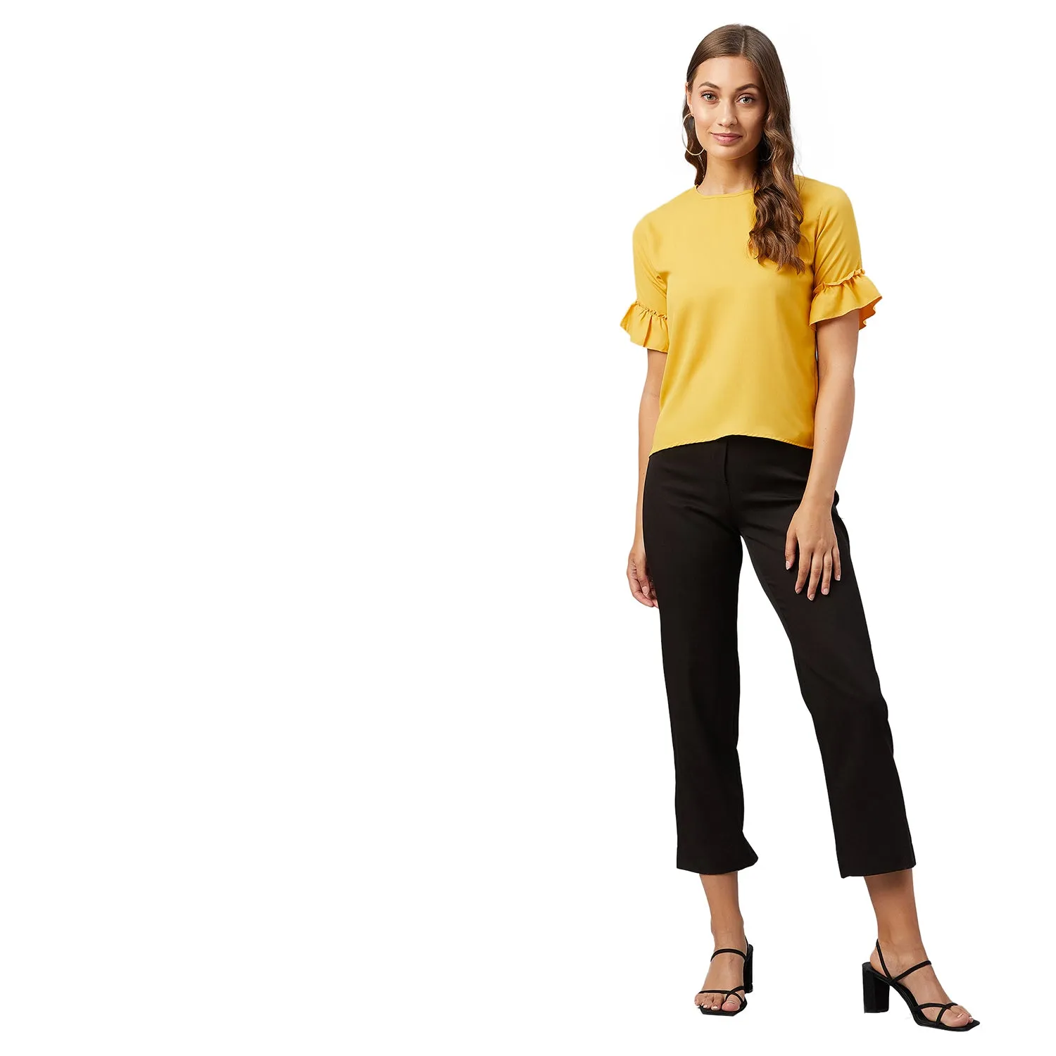 Chimpaaanzee Women Mustard Solid Ruffled sleeve Top