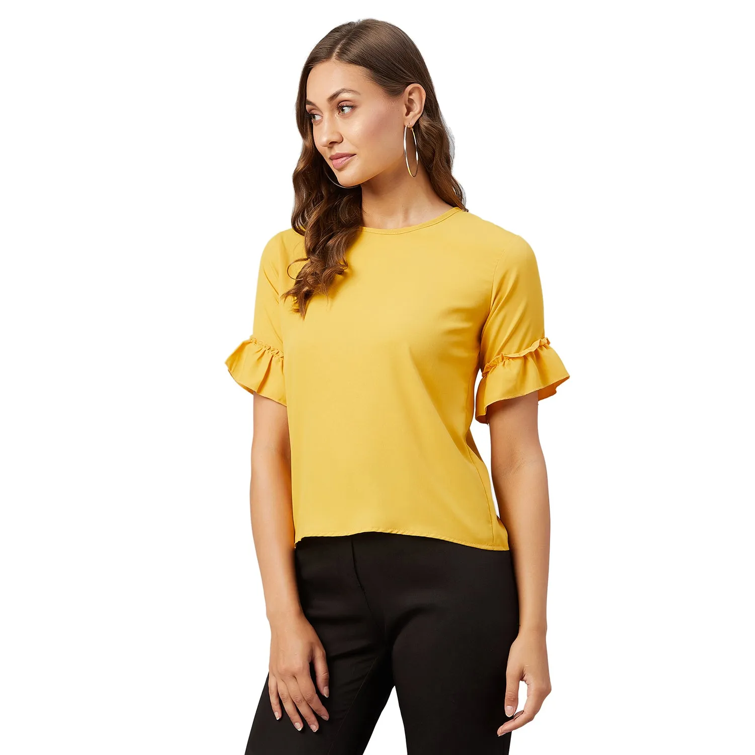 Chimpaaanzee Women Mustard Solid Ruffled sleeve Top