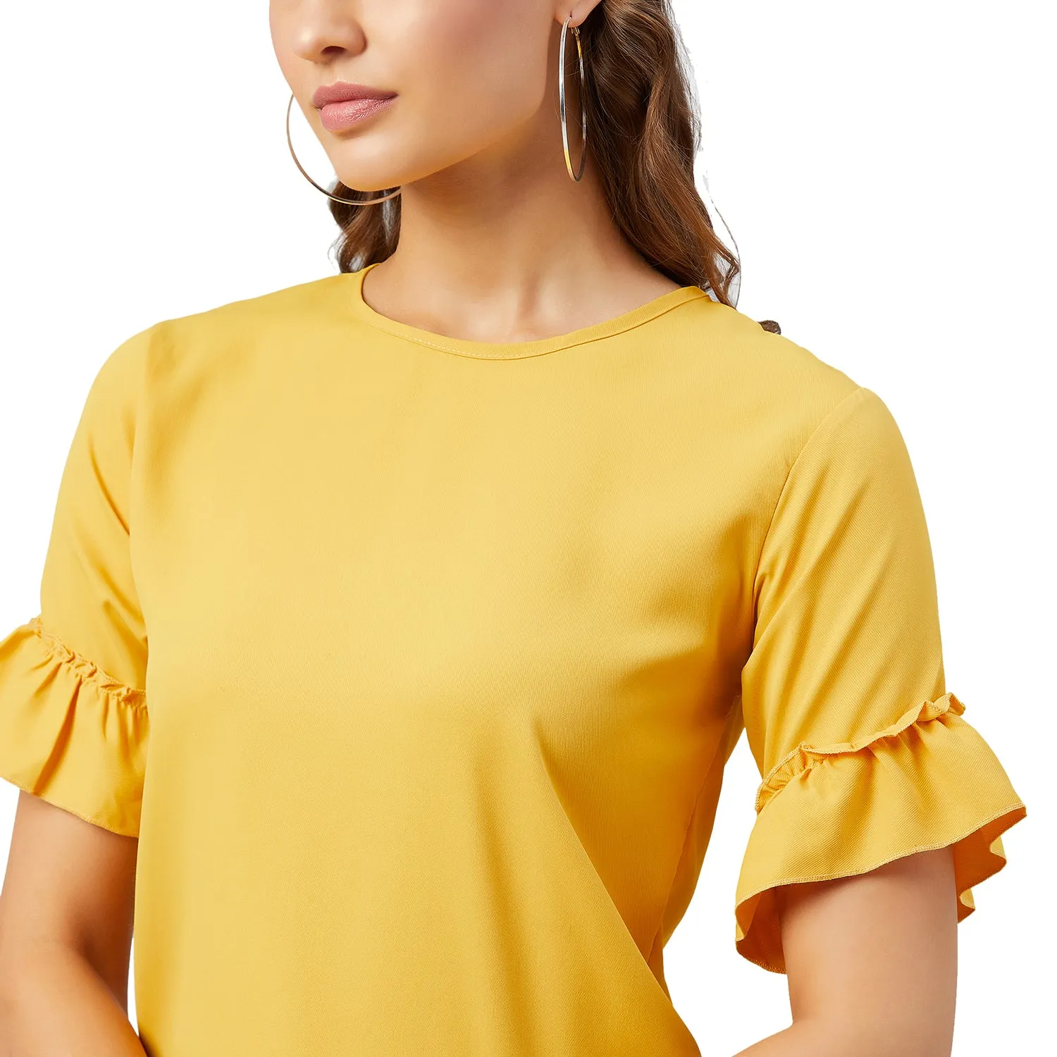 Chimpaaanzee Women Mustard Solid Ruffled sleeve Top
