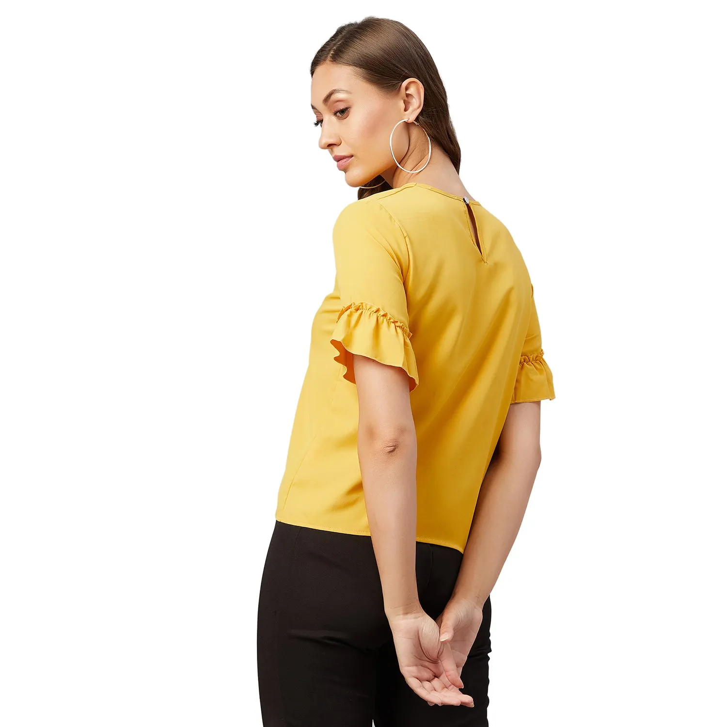 Chimpaaanzee Women Mustard Solid Ruffled sleeve Top