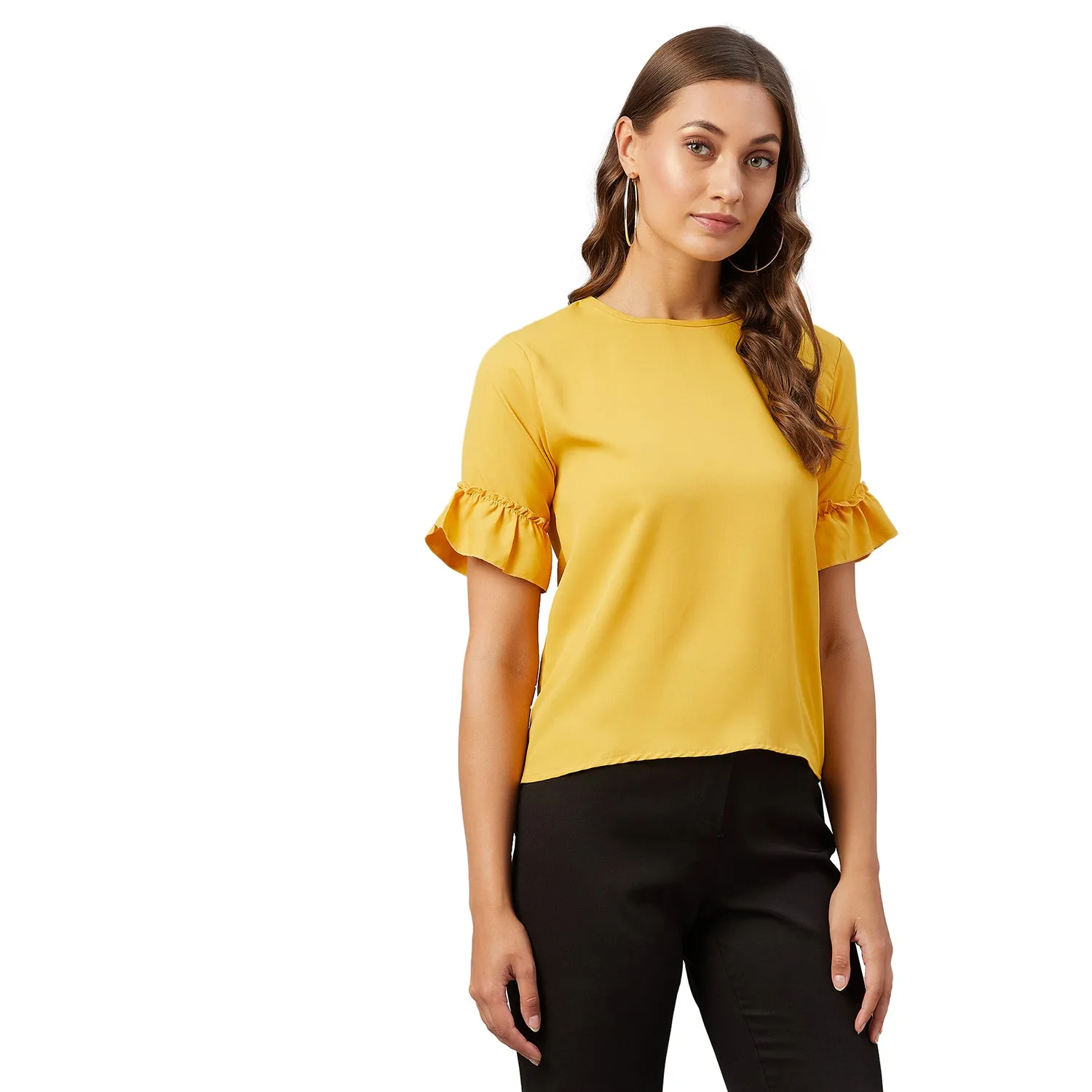 Chimpaaanzee Women Mustard Solid Ruffled sleeve Top