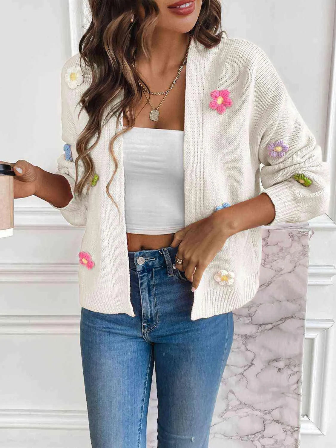 Cozy Aesthetic Open Front Floral Knit Cardigan