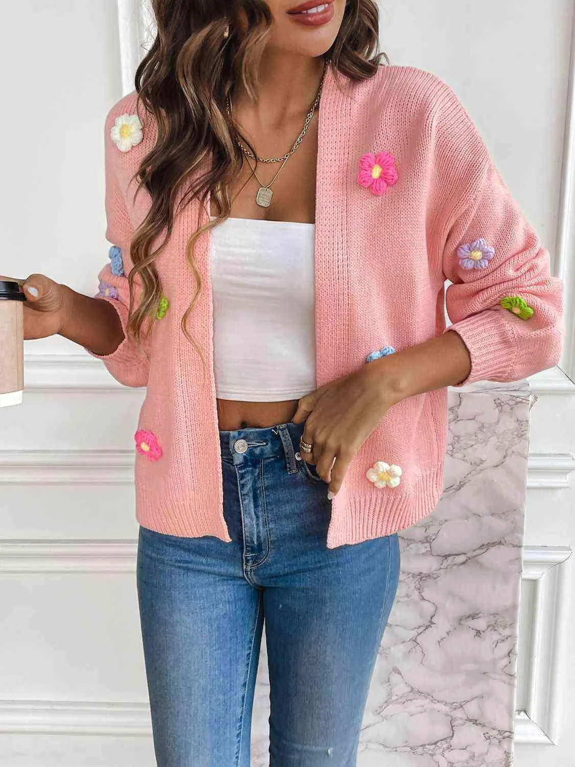 Cozy Aesthetic Open Front Floral Knit Cardigan