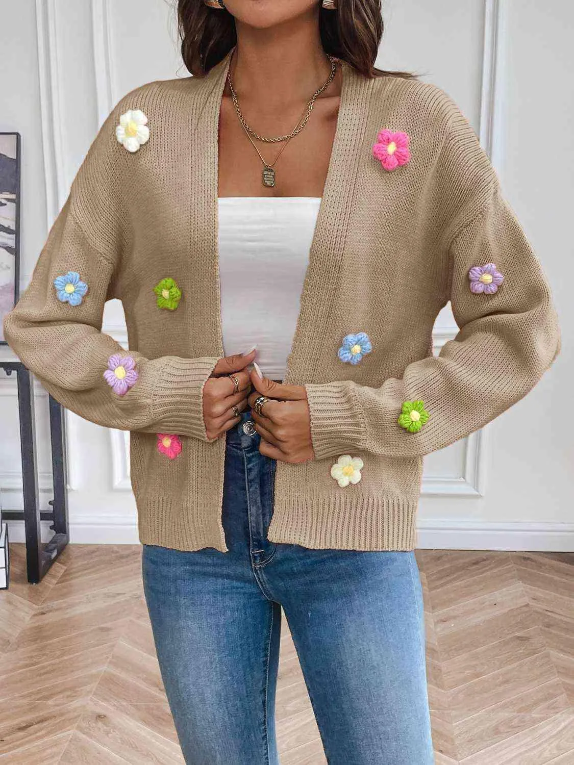 Cozy Aesthetic Open Front Floral Knit Cardigan