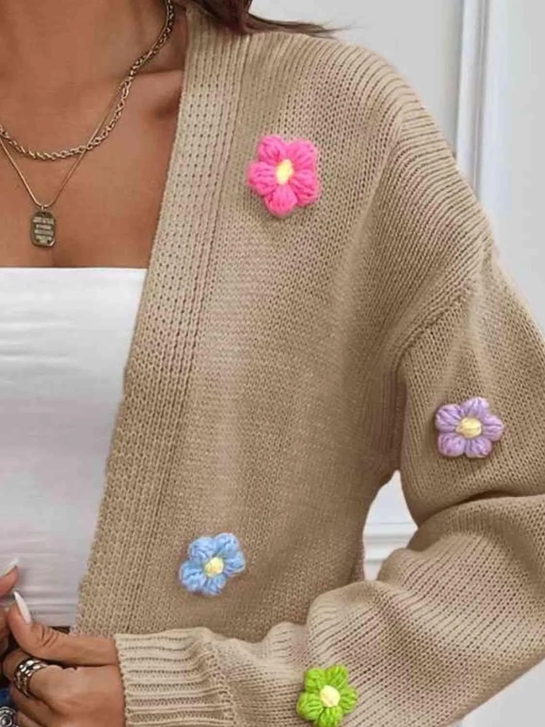 Cozy Aesthetic Open Front Floral Knit Cardigan