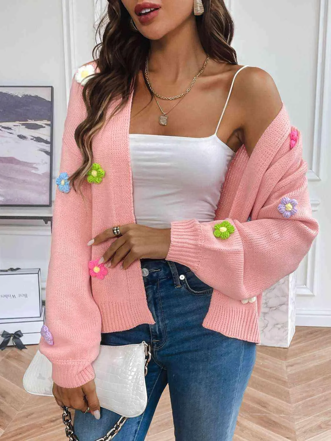 Cozy Aesthetic Open Front Floral Knit Cardigan