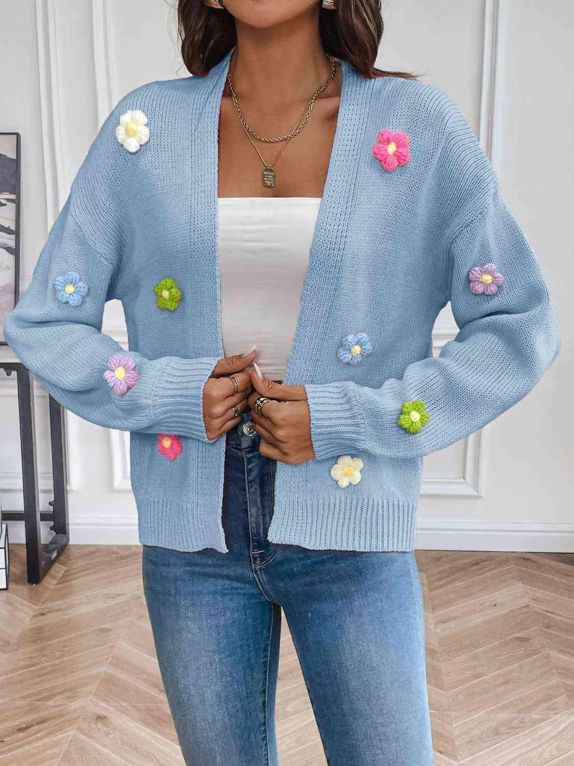 Cozy Aesthetic Open Front Floral Knit Cardigan