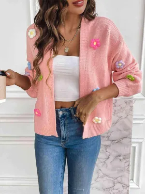 Cozy Aesthetic Open Front Floral Knit Cardigan