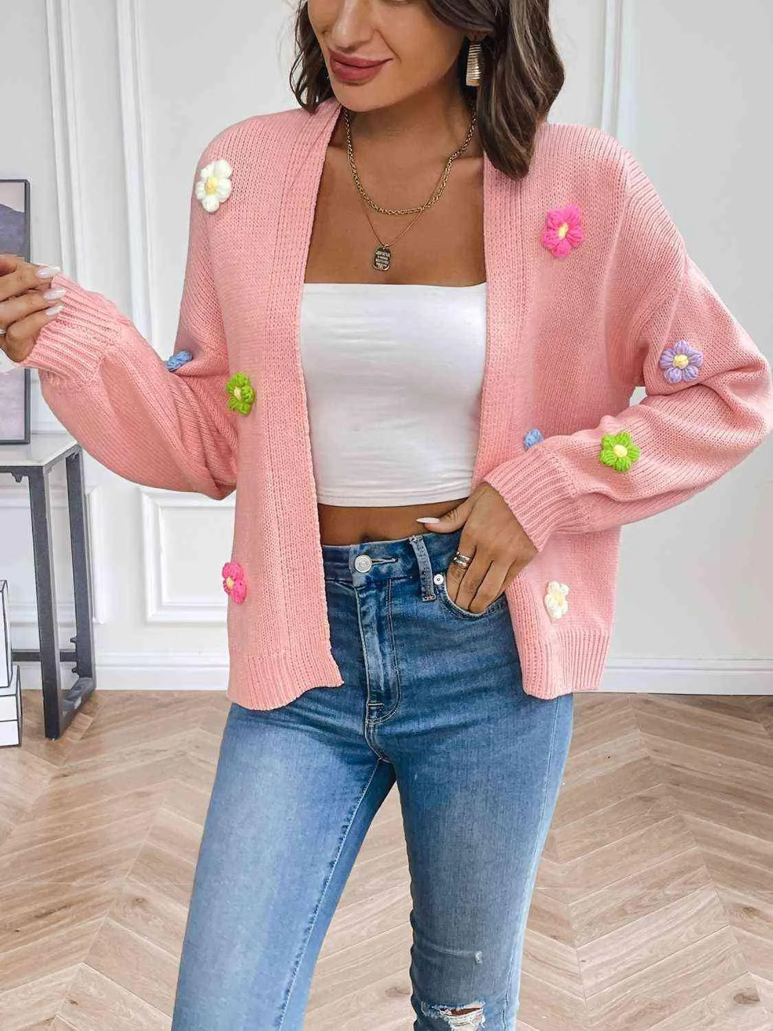 Cozy Aesthetic Open Front Floral Knit Cardigan