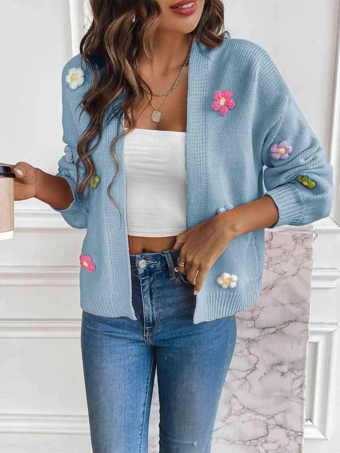 Cozy Aesthetic Open Front Floral Knit Cardigan