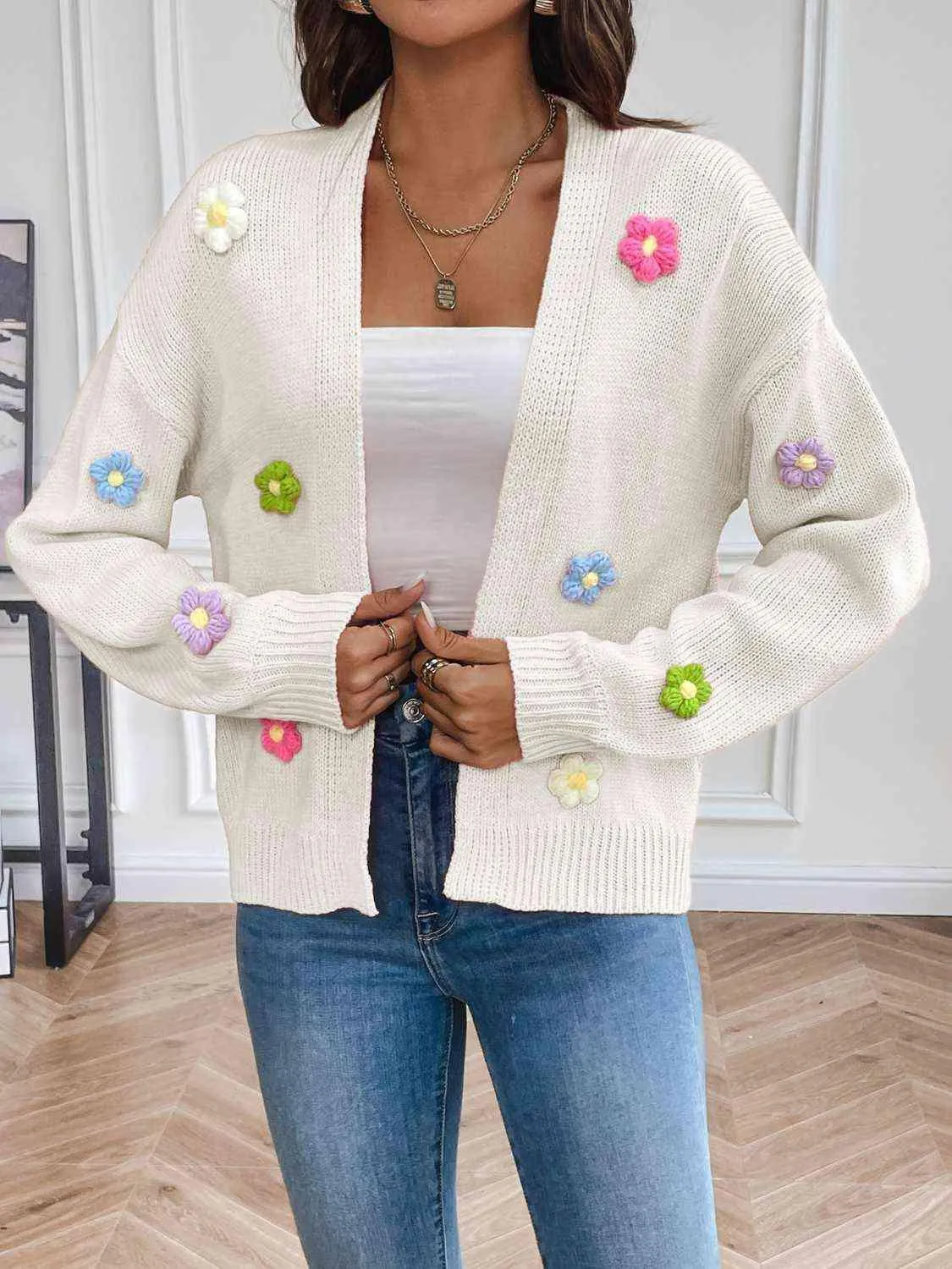 Cozy Aesthetic Open Front Floral Knit Cardigan