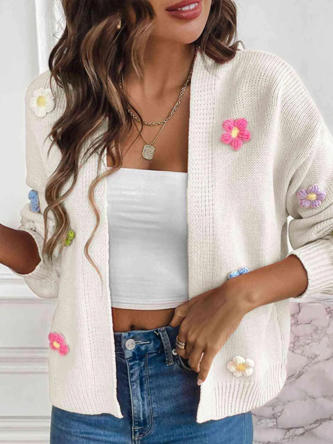 Cozy Aesthetic Open Front Floral Knit Cardigan