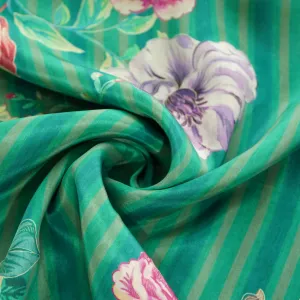 Dark Green Stripes Tropical Print Crepe Fabric 17543