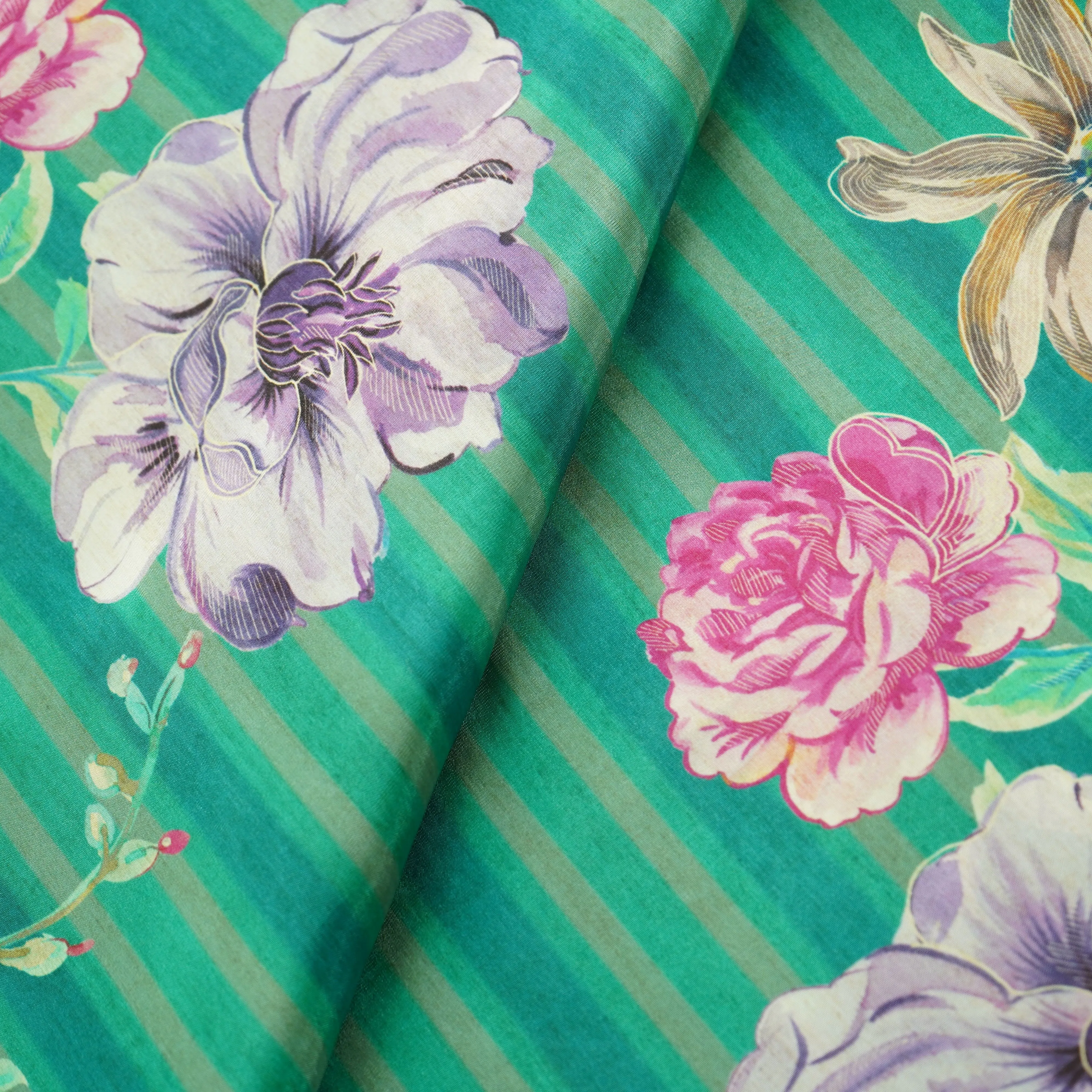 Dark Green Stripes Tropical Print Crepe Fabric 17543