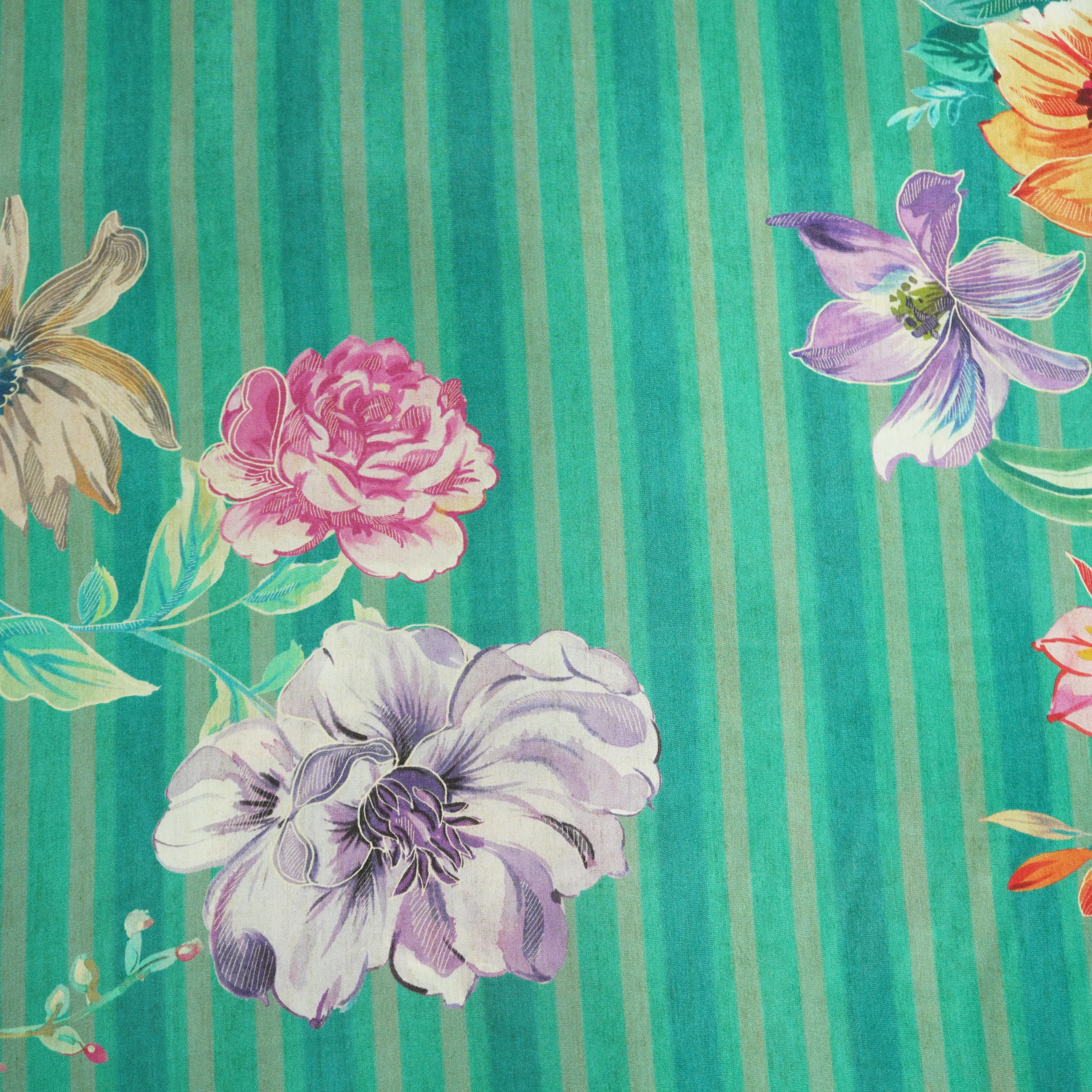 Dark Green Stripes Tropical Print Crepe Fabric 17543