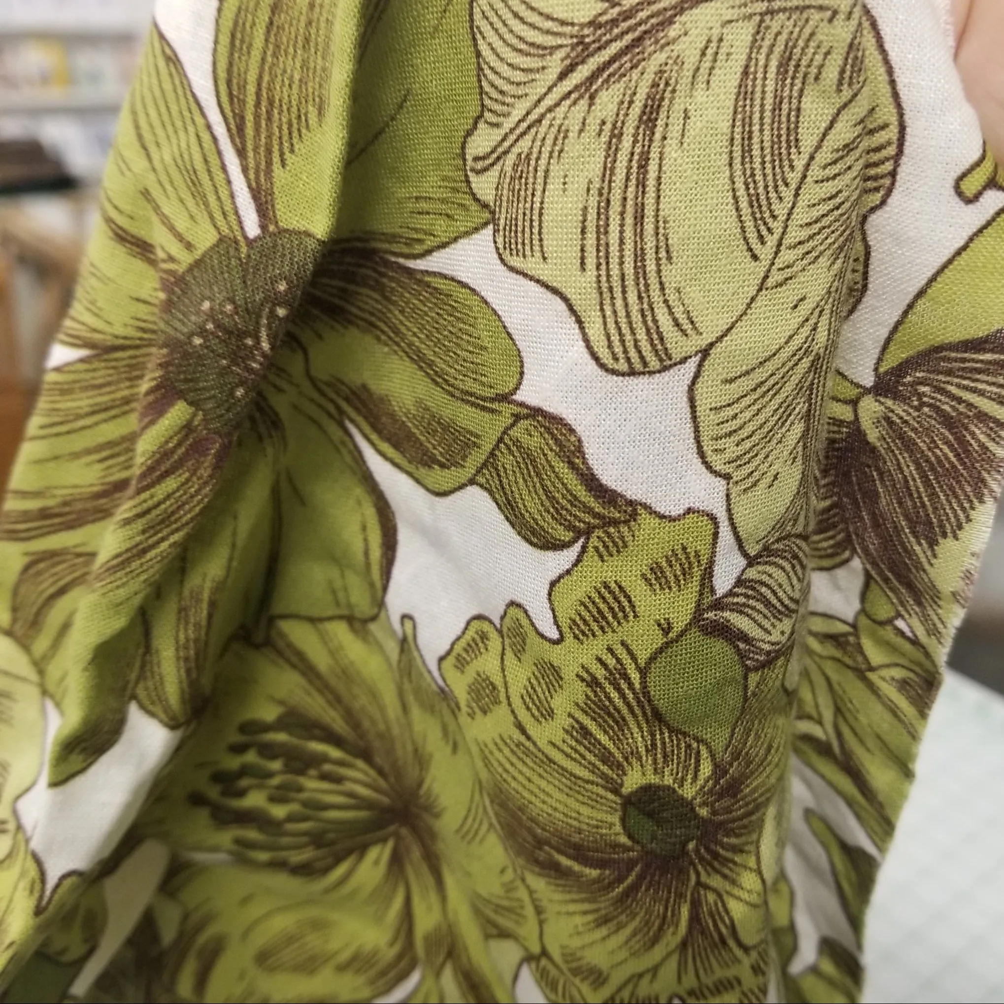 Designer Deadstock Cotton Rayon Linen Cross Hatch Green Vintage Scattered Lightweight Floral Woven- by the yard