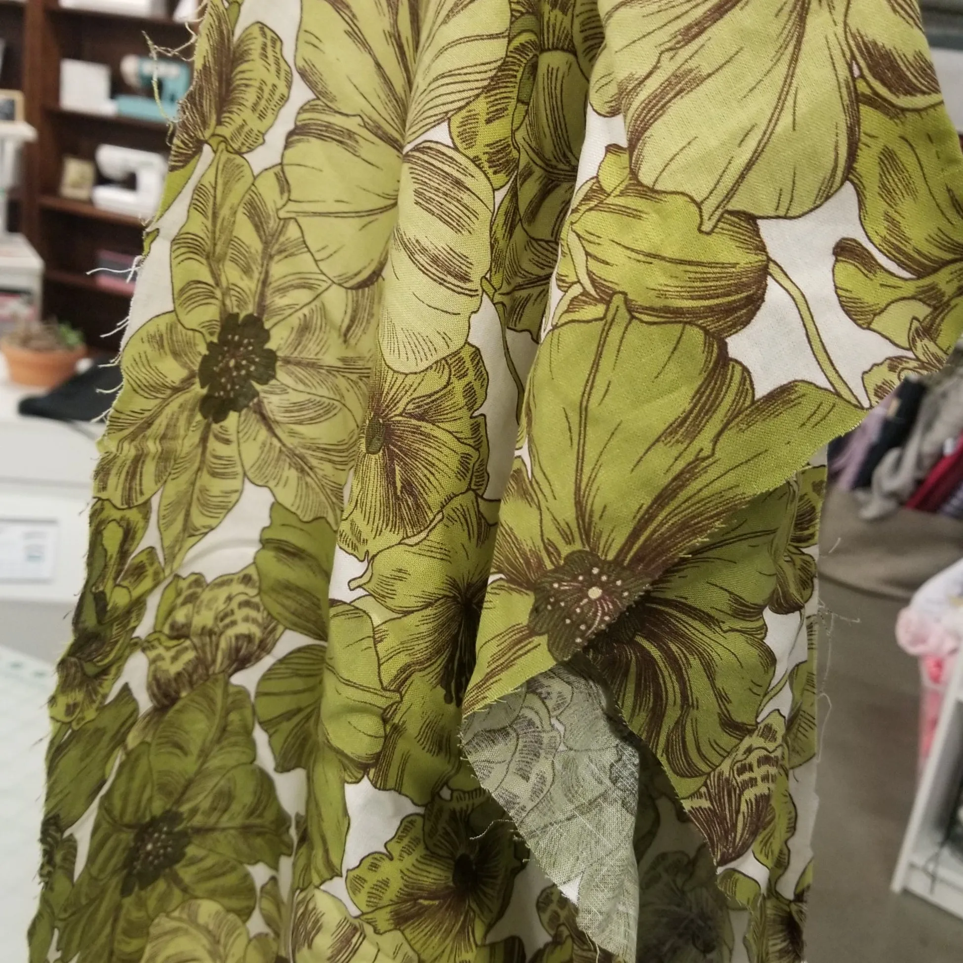 Designer Deadstock Cotton Rayon Linen Cross Hatch Green Vintage Scattered Lightweight Floral Woven- by the yard