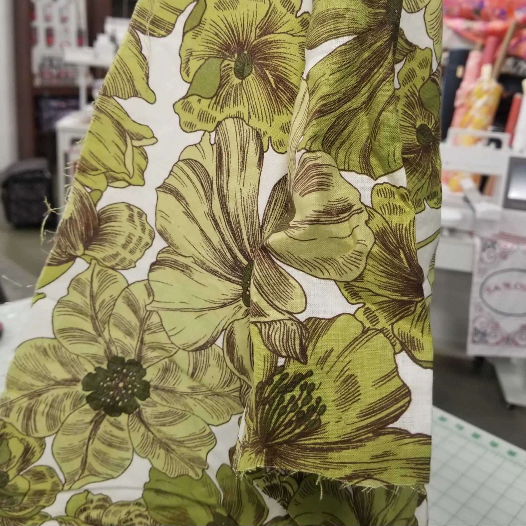 Designer Deadstock Cotton Rayon Linen Cross Hatch Green Vintage Scattered Lightweight Floral Woven- by the yard