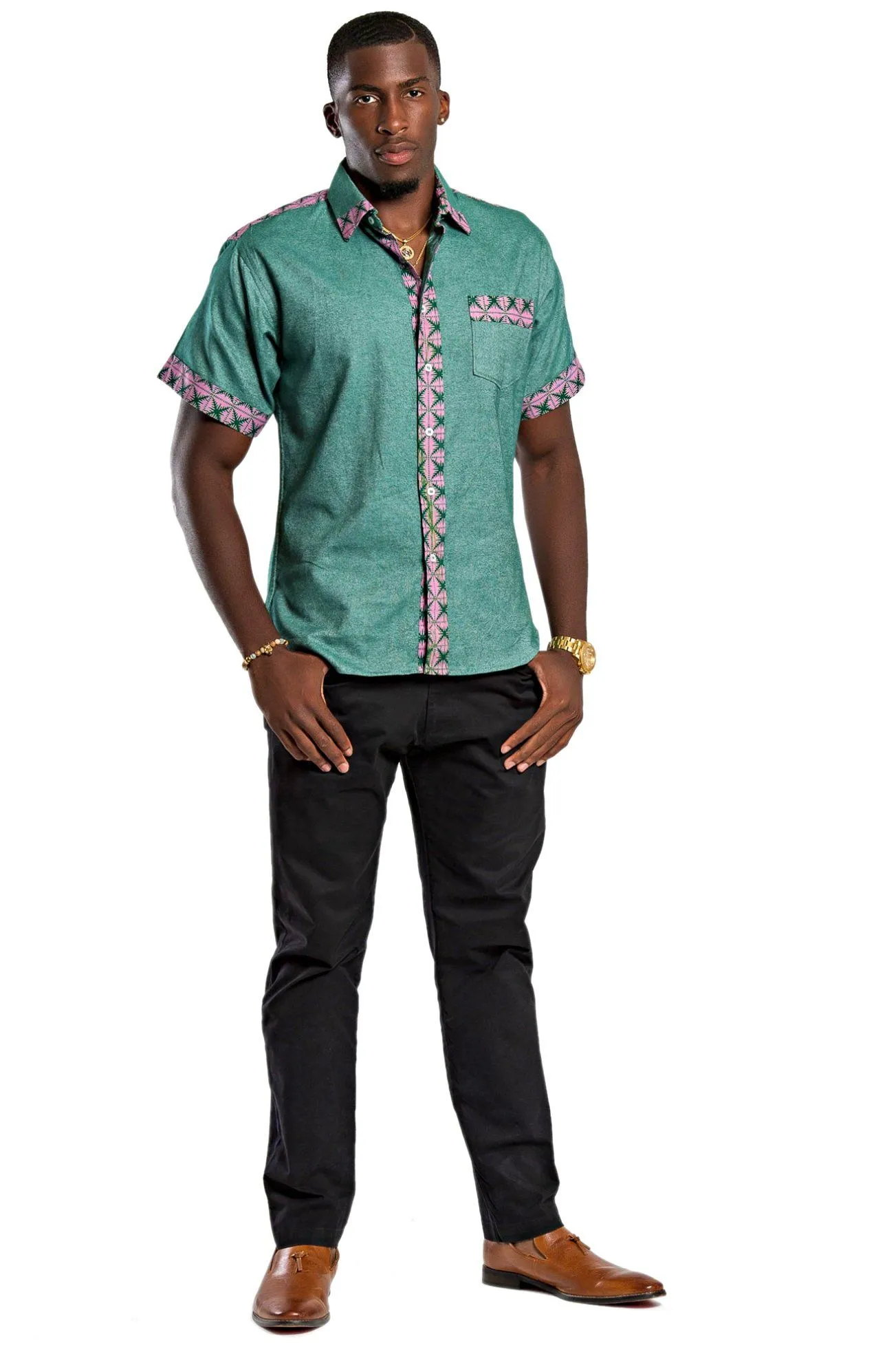 Fally African Print Short Sleeve Men's Shirt - Green / Pink