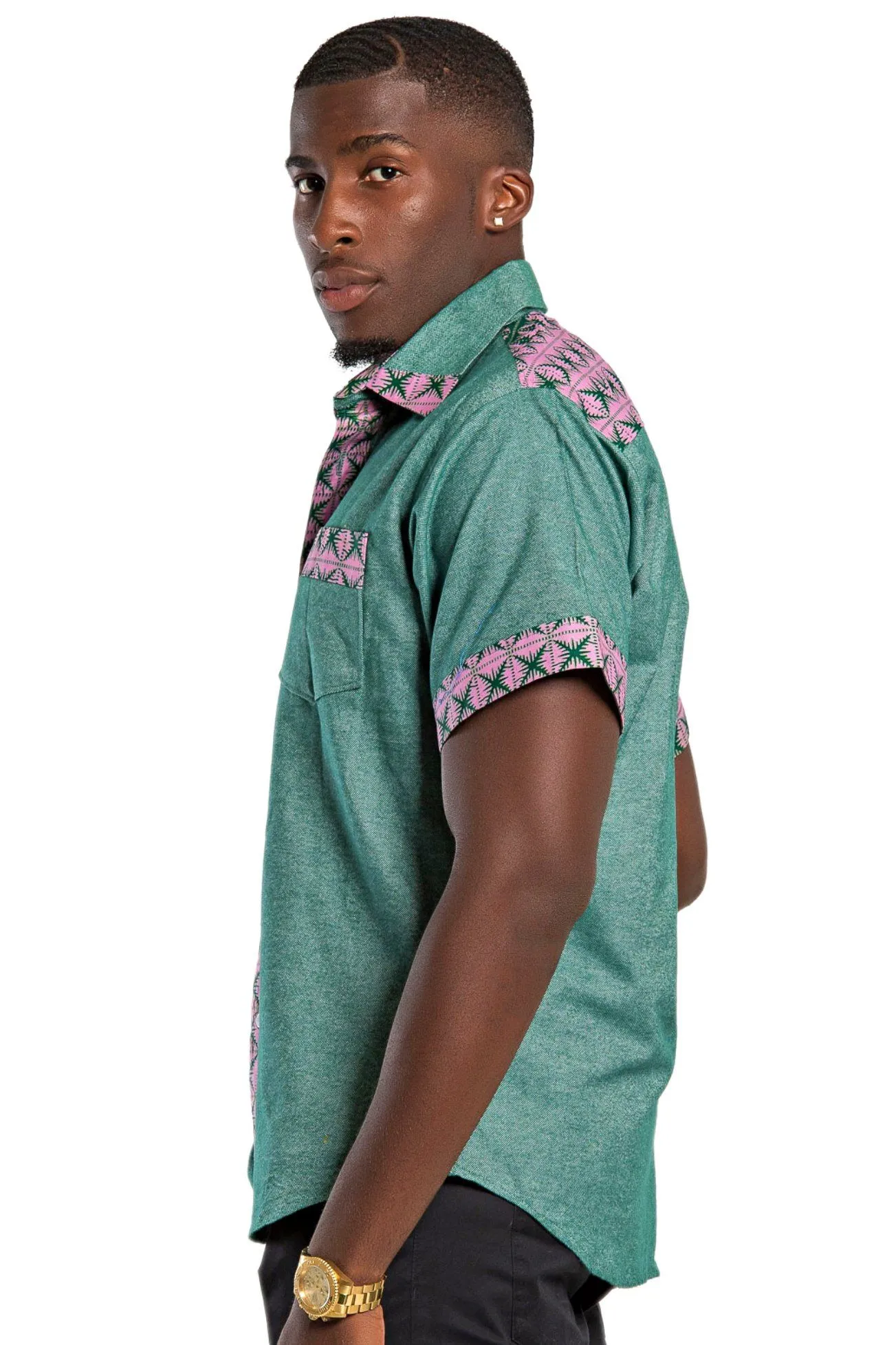 Fally African Print Short Sleeve Men's Shirt - Green / Pink