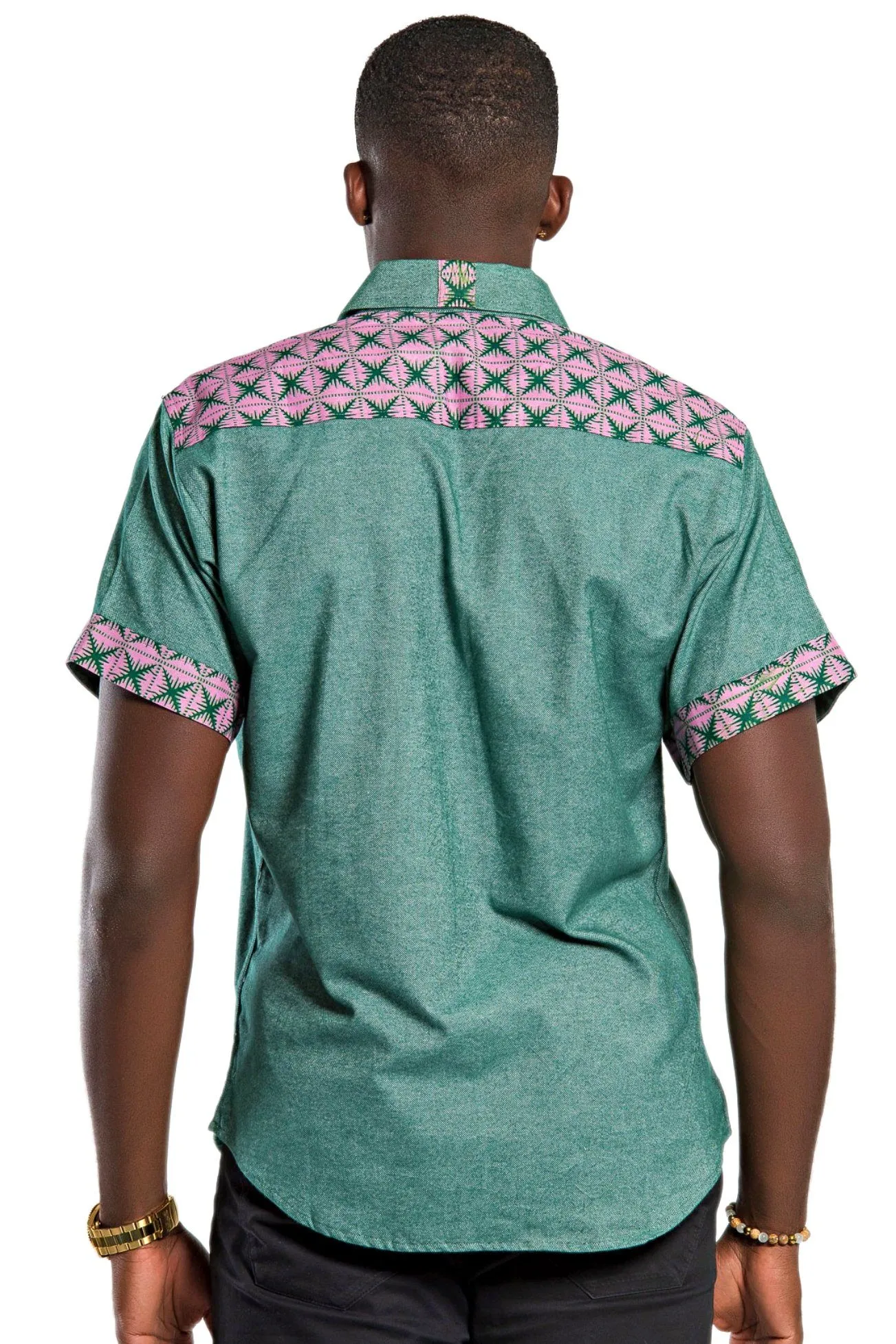 Fally African Print Short Sleeve Men's Shirt - Green / Pink