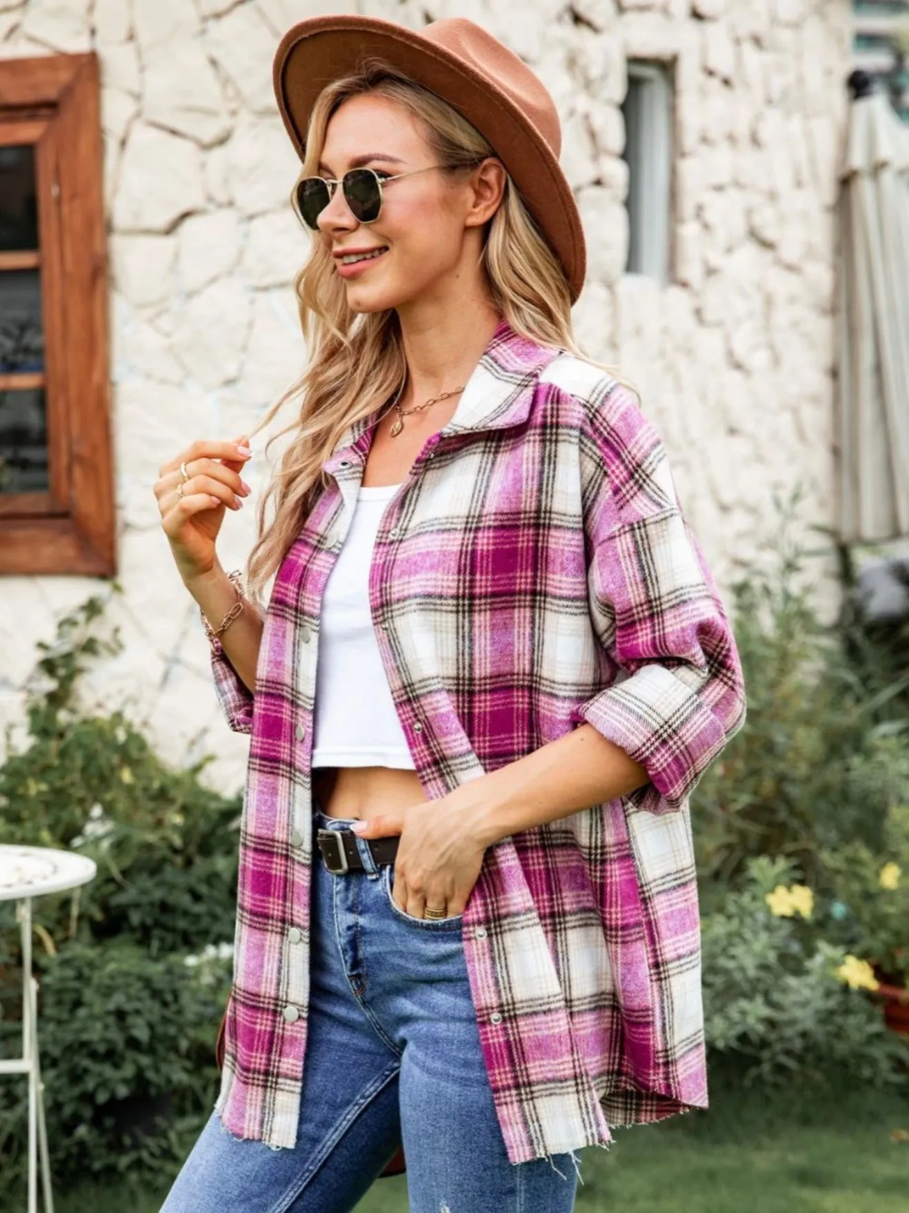 Flannel Snap Button Shacket - Pink