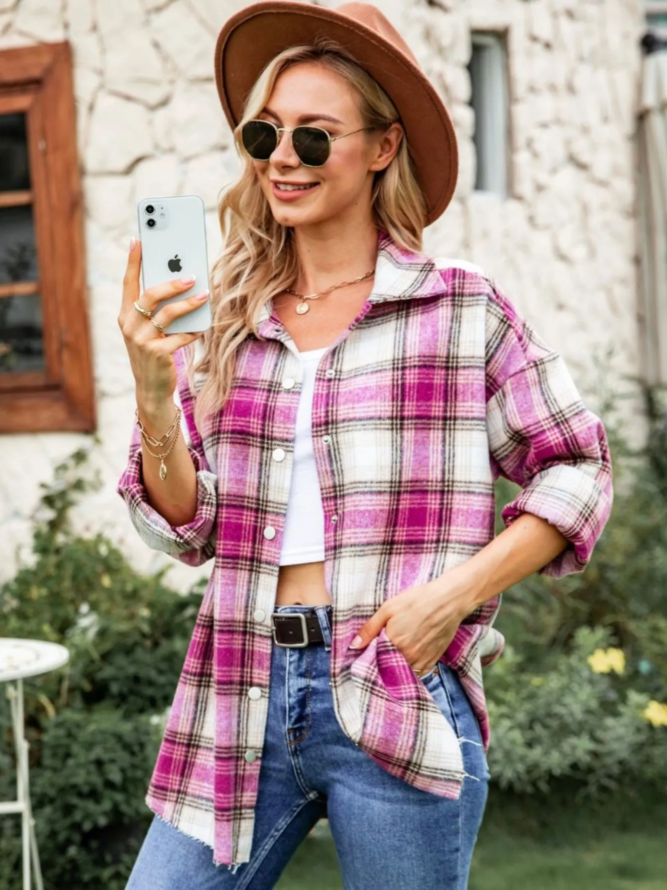 Flannel Snap Button Shacket - Pink