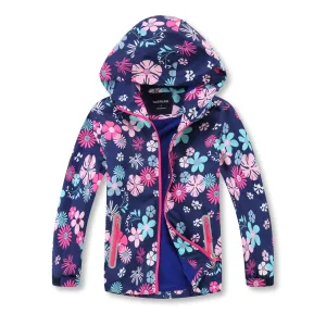 Girls Flower Navy Rain Jacket Lightweight Hooded Warm Lined Raincoats