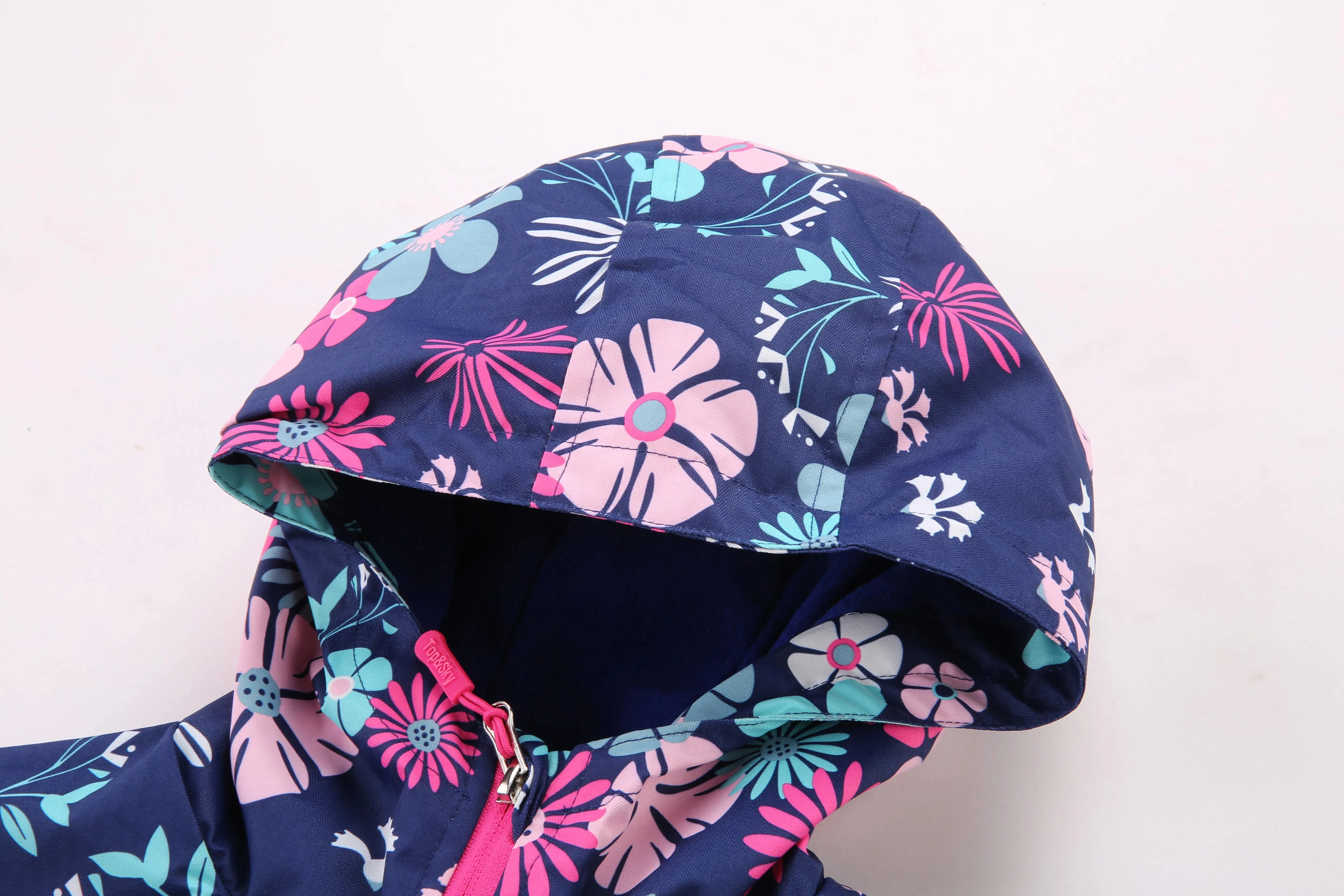 Girls Flower Navy Rain Jacket Lightweight Hooded Warm Lined Raincoats