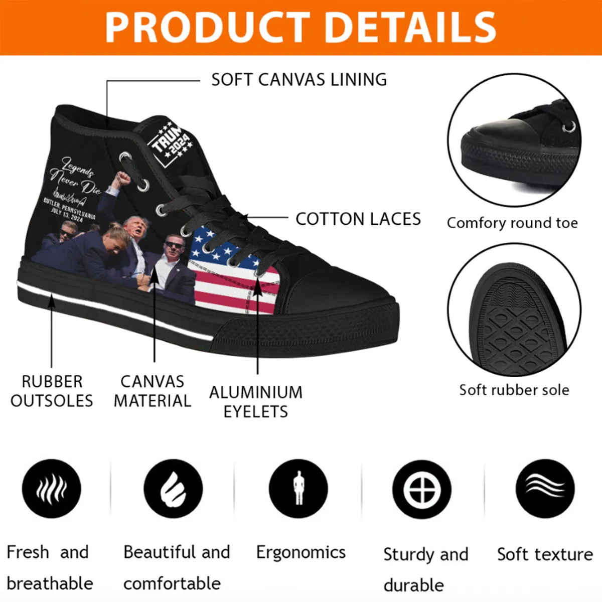 Legends Never Die, Trump2024 Unisex Shoes, Trump 2024 Canvas Shoes