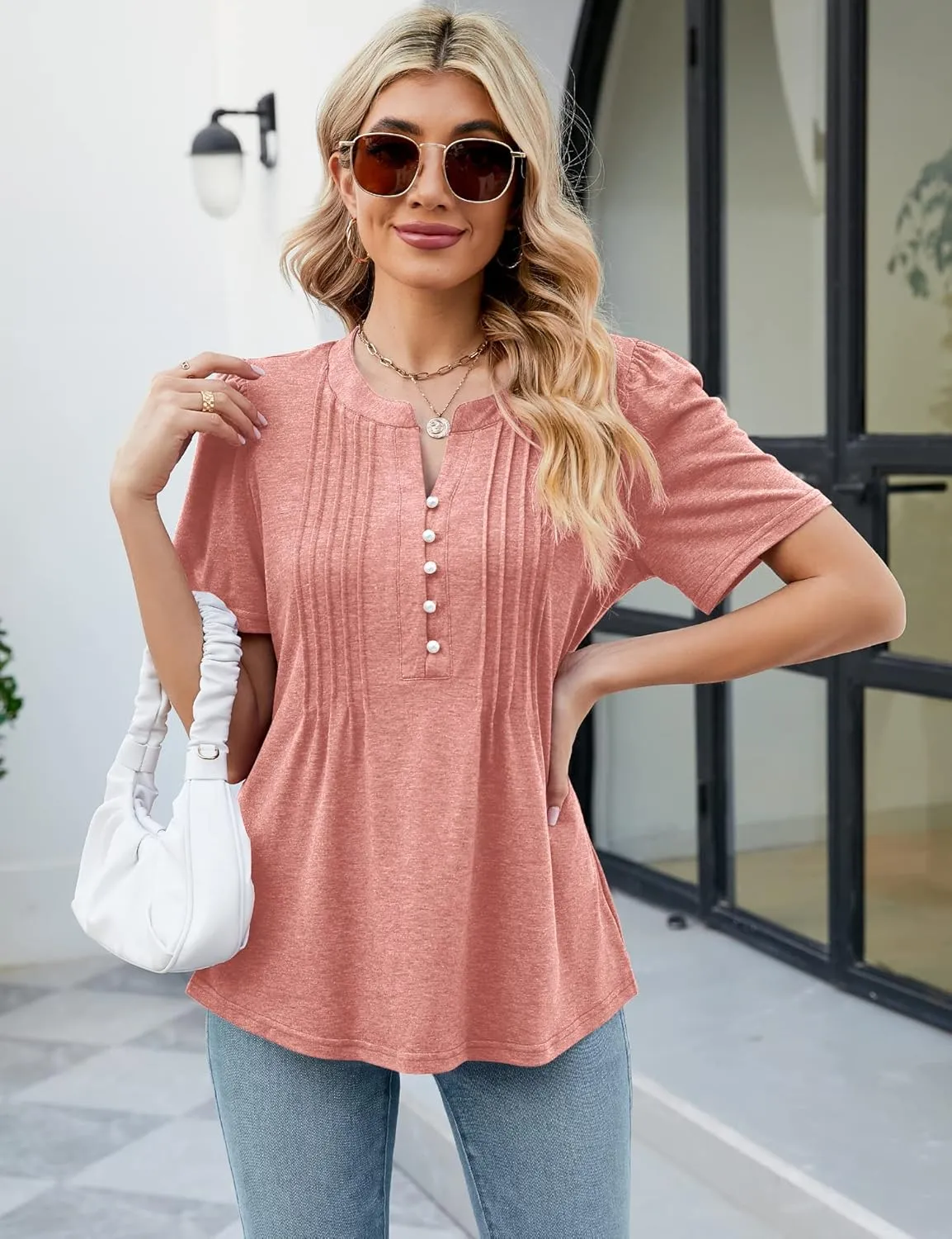 LUYAA Women's Long Sleeve Casual Blouses Dressy Tunic Top V Neck Button Office Wear Fall Winter