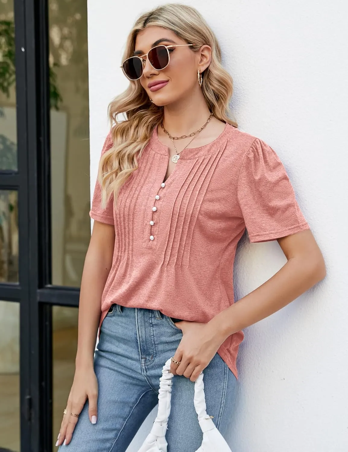 LUYAA Women's Long Sleeve Casual Blouses Dressy Tunic Top V Neck Button Office Wear Fall Winter