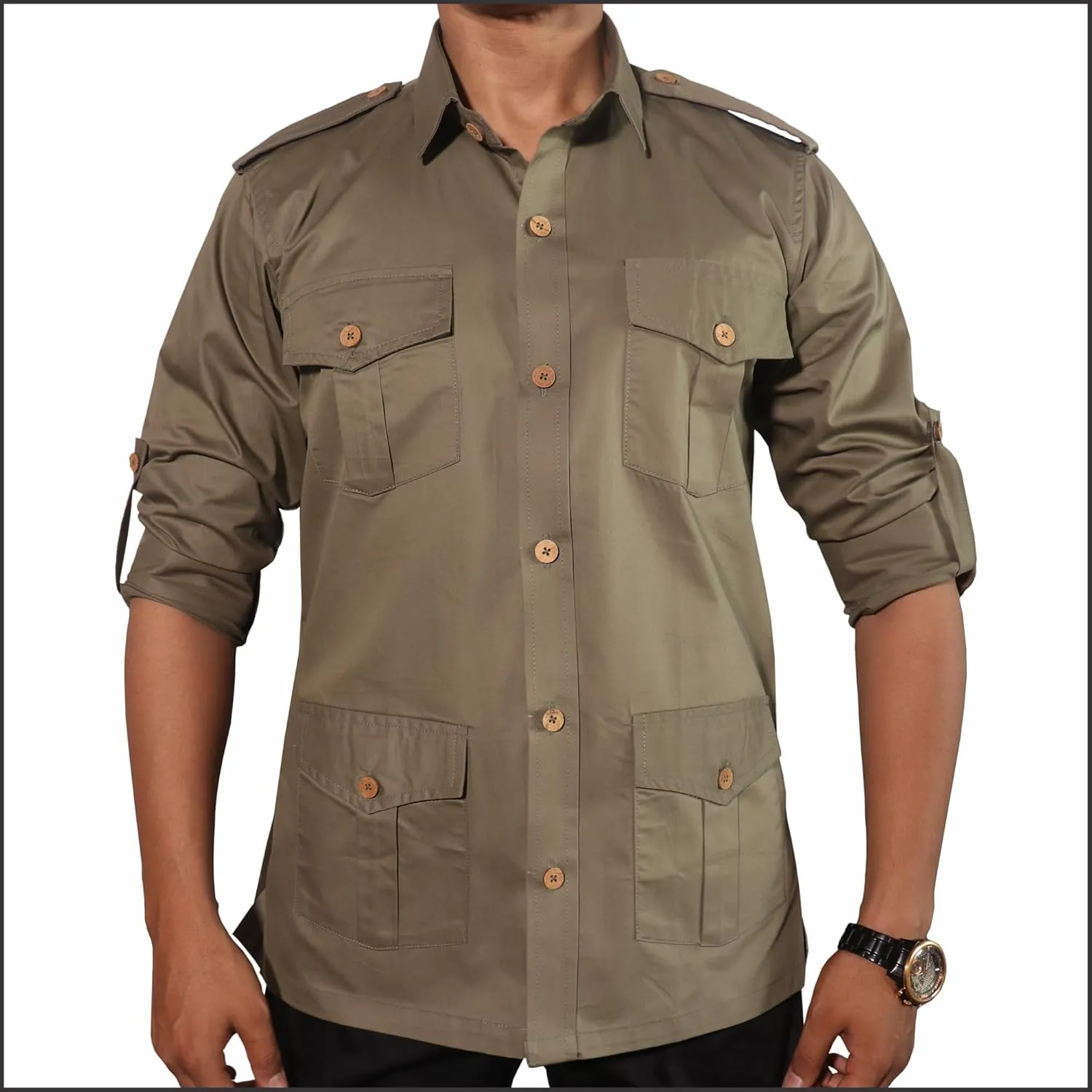 Men's Cotton 4 Pocket Hunting Safari Shirt with Coconut Shell Buttons Quick Dry Hiking Travel Fishing Long Sleeve Cargo Style