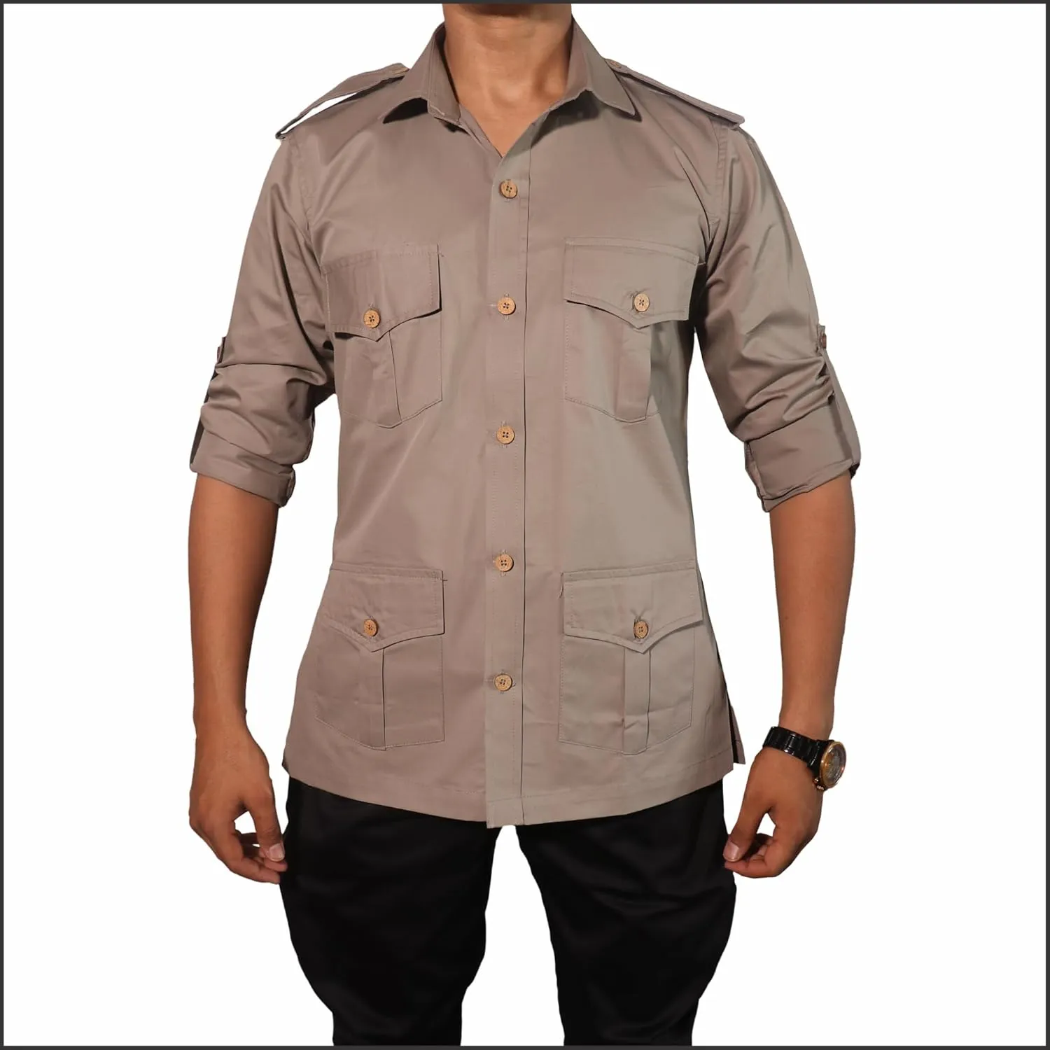 Men's Cotton 4 Pocket Hunting Safari Shirt with Coconut Shell Buttons Quick Dry Hiking Travel Fishing Long Sleeve Cargo Style