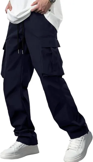 Men's Jogger Cargo Pant Elastic Waist Drawstring Straight Leg Sweatpants Lightweight Casual Trousers with Pockets